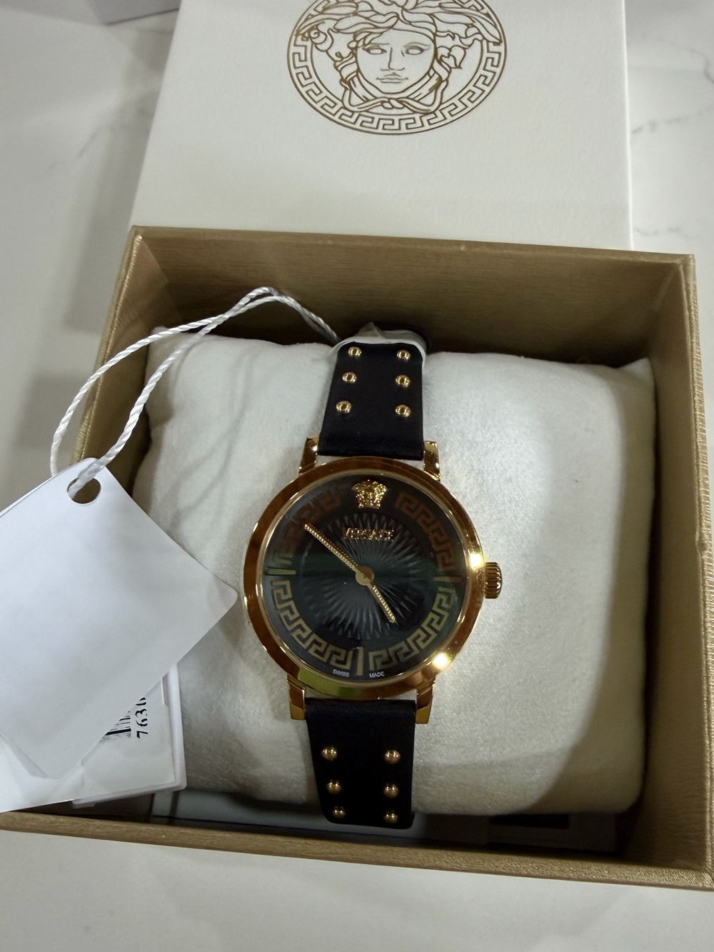 Versace Black Leather Strap Watch with Gold Accents
